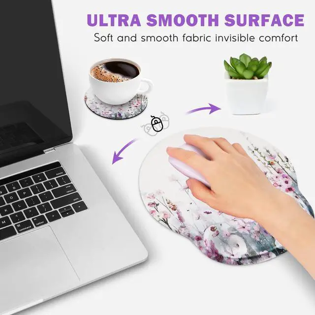 Alt view image 4 of 7 - Ergonomic Mouse Pads, Cute Mouse Pad with Wrist Rest Support Gel, Non-Slip PU Base Mouse Mat with Memory Foam for Home, Office and Gaming, Easy Typing & Pain Relief (Blooming Flower)