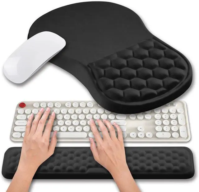Main image of 2 in 1 Ergonomic Mouse Pad Wrist Support & Wrist Rest for Computer Keyboard Set, with Relieve Carpal Tunnel Pain Massage Bulge and Full Memory Gel Design (2In1 Set, Black)