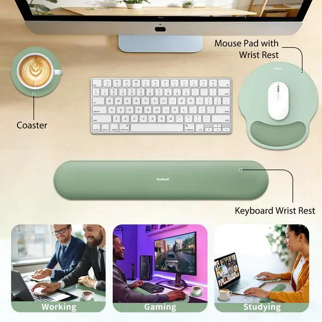 Alt view image 6 of 7 - Mouse Pad and Keyboard Wrist Rest, 3-in-1 Gel Memory Foam Ergonomic Mouse Pad with Wrist Rest Set,Gaming Mousepad Arm Cushion Support for Computer Office Desk Accessories Cute Setup,Sage Green