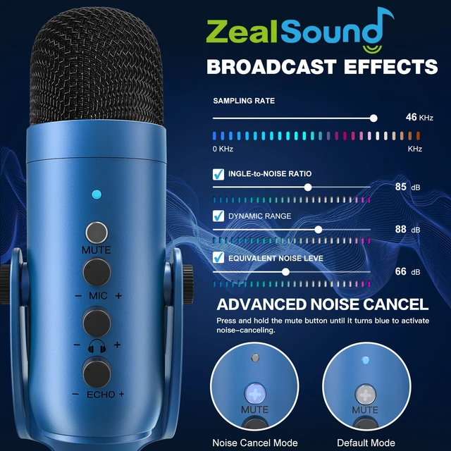 Alt view image 3 of 7 - ZealSound Podcast Microphone for PC, Noise Cancellation USB Mic with Gain, Volume Adjustment & Mute Button, Monitoring & Echo, for YouTube, TikTok, Podcasting, Streaming, iPhone, iPad, Android(Blue)
