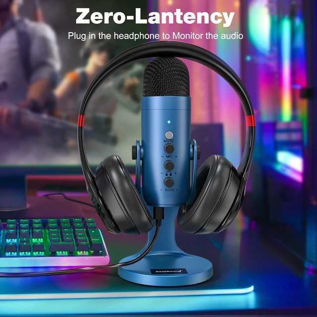 Alt view image 4 of 7 - ZealSound Podcast Microphone for PC, Noise Cancellation USB Mic with Gain, Volume Adjustment & Mute Button, Monitoring & Echo, for YouTube, TikTok, Podcasting, Streaming, iPhone, iPad, Android(Blue)
