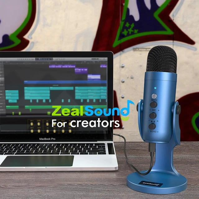 Alt view image 6 of 7 - ZealSound Podcast Microphone for PC, Noise Cancellation USB Mic with Gain, Volume Adjustment & Mute Button, Monitoring & Echo, for YouTube, TikTok, Podcasting, Streaming, iPhone, iPad, Android(Blue)