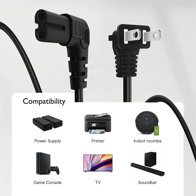 Alt view image 6 of 7 - 6 ft Right Angle 2-Prong C7 Power Cord for Samsung and LG TVs, Black Figure-8 Replacement Cable for Ps5, Ps4, Xbox Series X/S, Printers, Soundbars, and Other Compatible Devices