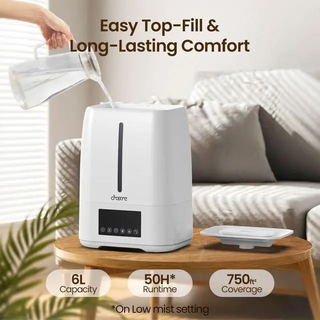 Alt view image 2 of 7 - 6L Top Fill Ultrasonic Humidifier - Cool and Warm Mist for Bedroom, Baby, Large Rooms & Plants, Smart Humidity Control, Aroma Diffuser, Night Light, 12H Timer, Quiet, White