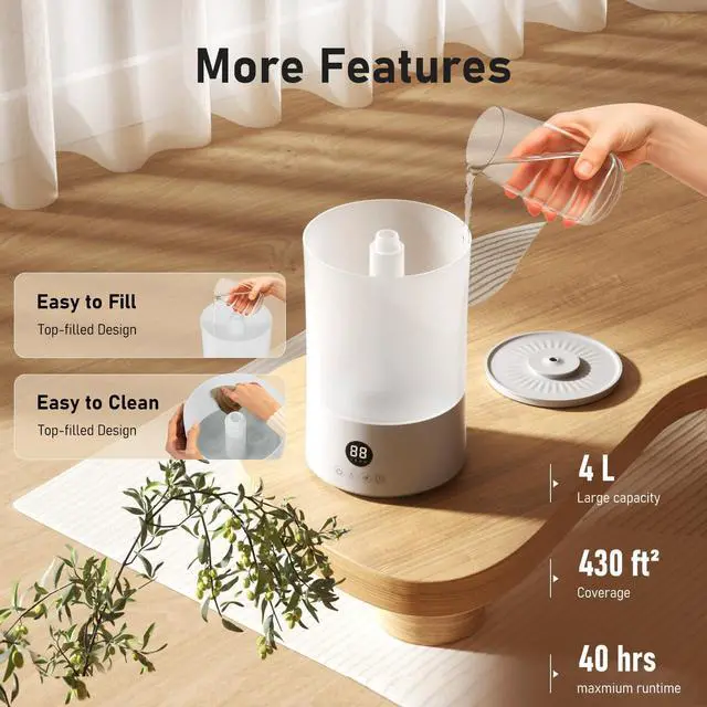Alt view image 7 of 7 - Humidifiers for Bedroom, 4L Top Fill Humidifier for Large Room, 250ml/h Cool Mist Output Humidificador, 24dB Quiet Air Humificador with Remote, Easy to Fill & Clean, fit Baby & Indoor