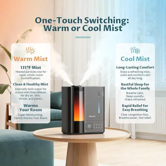 Alt view image 2 of 7 - 8L Humidifiers for Bedroom, Warm & Cool Mist for Large Room Home, Top Fill Ultrasonic Humidifier, Humidity Sensor, Essential Oil, 60H Runtime, Quiet for Baby, Plants, Fast Relief