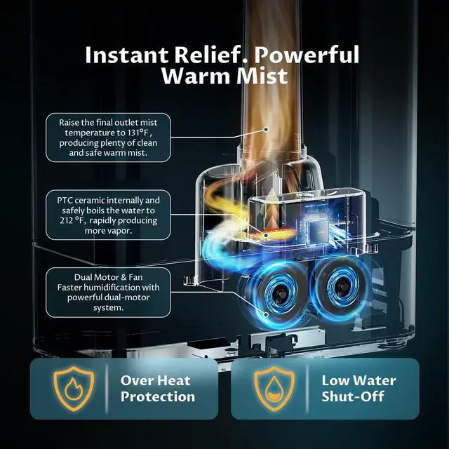 Alt view image 3 of 7 - 8L Humidifiers for Bedroom, Warm & Cool Mist for Large Room Home, Top Fill Ultrasonic Humidifier, Humidity Sensor, Essential Oil, 60H Runtime, Quiet for Baby, Plants, Fast Relief