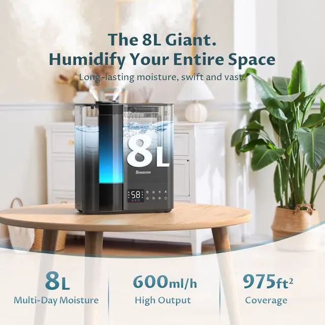 Alt view image 4 of 7 - 8L Humidifiers for Bedroom, Warm & Cool Mist for Large Room Home, Top Fill Ultrasonic Humidifier, Humidity Sensor, Essential Oil, 60H Runtime, Quiet for Baby, Plants, Fast Relief