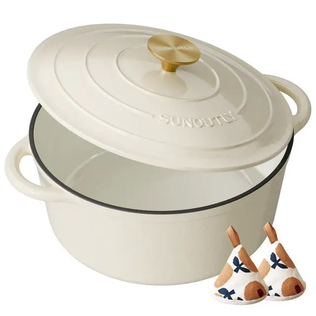Main image of Enameled Cast Iron Dutch Oven - 6QT Pot with Lid & Cotton Potholders - Heavy-Duty Cookware for Braising, Stews, Roasting, Bread Baking, Oven Safe up to 500° F & Across All Cooktops, Cream White