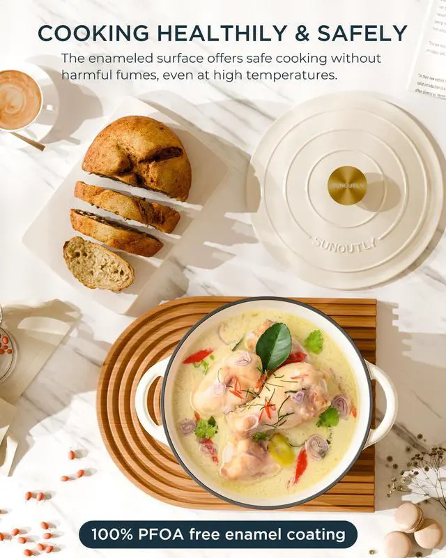 Alt view image 2 of 7 - Enameled Cast Iron Dutch Oven - 6QT Pot with Lid & Cotton Potholders - Heavy-Duty Cookware for Braising, Stews, Roasting, Bread Baking, Oven Safe up to 500° F & Across All Cooktops, Cream White