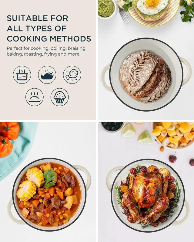 Alt view image 4 of 7 - Enameled Cast Iron Dutch Oven - 6QT Pot with Lid & Cotton Potholders - Heavy-Duty Cookware for Braising, Stews, Roasting, Bread Baking, Oven Safe up to 500° F & Across All Cooktops, Cream White