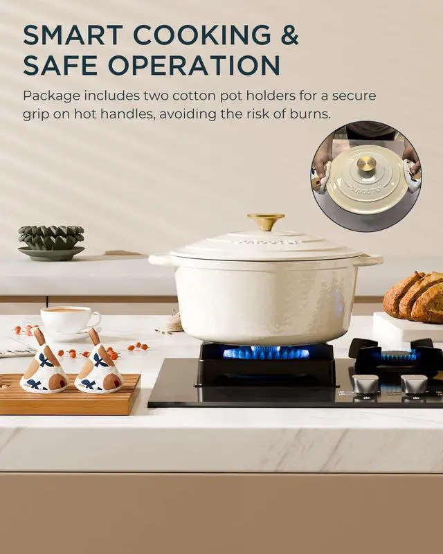 Alt view image 7 of 7 - Enameled Cast Iron Dutch Oven - 6QT Pot with Lid & Cotton Potholders - Heavy-Duty Cookware for Braising, Stews, Roasting, Bread Baking, Oven Safe up to 500° F & Across All Cooktops, Cream White