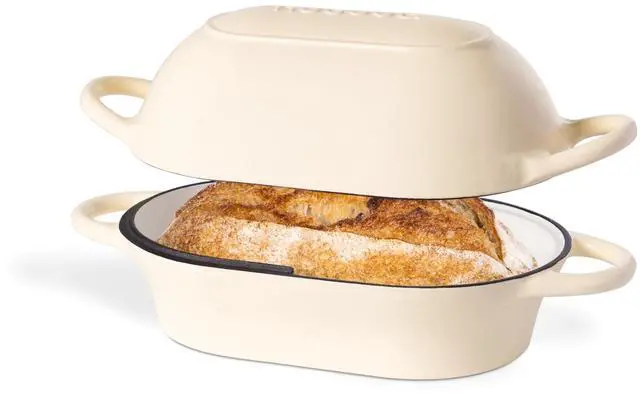 Main image of Dutch Oven For Sourdough Bread Baking Enamelled Cast Iron Bread Loaf Pot Oven Safe Non Stick Bread Pot Rectangular, Cream, 24cm x 16cm by