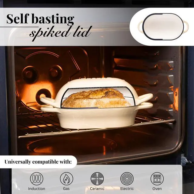 Alt view image 3 of 7 - Dutch Oven For Sourdough Bread Baking Enamelled Cast Iron Bread Loaf Pot Oven Safe Non Stick Bread Pot Rectangular, Cream, 24cm x 16cm by