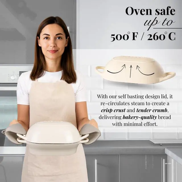 Alt view image 4 of 7 - Dutch Oven For Sourdough Bread Baking Enamelled Cast Iron Bread Loaf Pot Oven Safe Non Stick Bread Pot Rectangular, Cream, 24cm x 16cm by