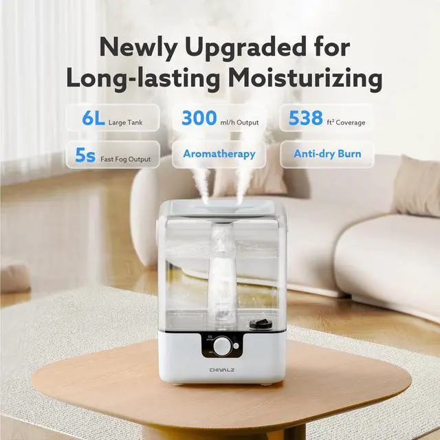 Alt view image 2 of 7 - Humidifiers for Bedroom Large Room Home, 6L Cool Mist Humidifier for Baby and Plant, Oil Diffuser, Top Fill Humidifier with Night Light, Quiet 23dB, Up to 26H, White 1Pack