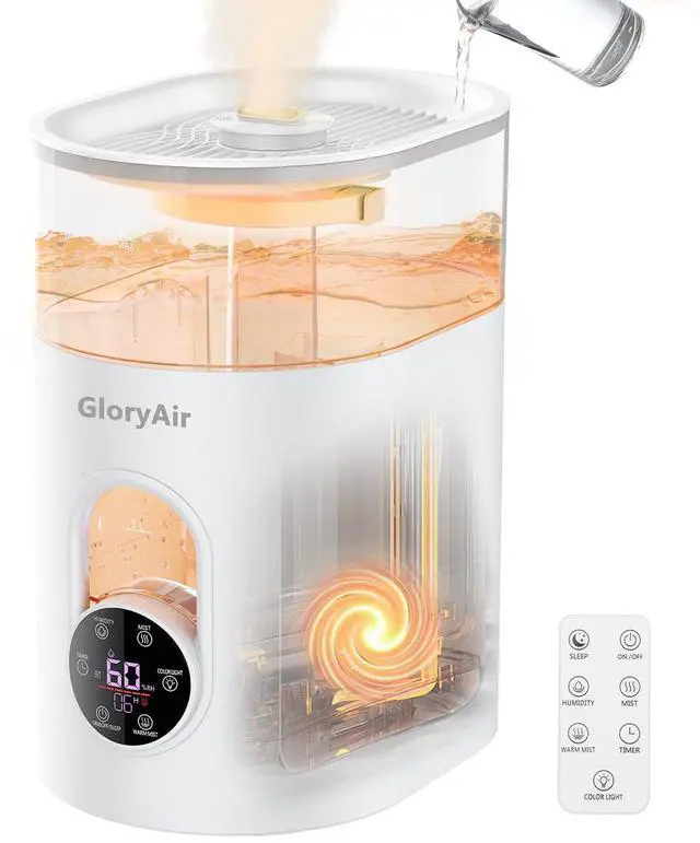Main image of Humidifiers for Bedroom Large Room Home - GloryAir 6L Quiet Top Fill Cool & Warm Mist Humidifier with Smart Humidity Control, Remote Control, 7-Color Light, Humidistat, Oil Diffuser for Plants & Baby