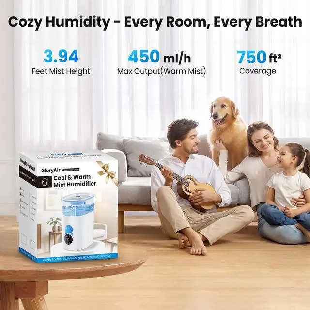 Alt view image 3 of 7 - Humidifiers for Bedroom Large Room Home - GloryAir 6L Quiet Top Fill Cool & Warm Mist Humidifier with Smart Humidity Control, Remote Control, 7-Color Light, Humidistat, Oil Diffuser for Plants & Baby
