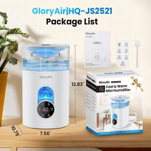 Alt view image 7 of 7 - Humidifiers for Bedroom Large Room Home - GloryAir 6L Quiet Top Fill Cool & Warm Mist Humidifier with Smart Humidity Control, Remote Control, 7-Color Light, Humidistat, Oil Diffuser for Plants & Baby