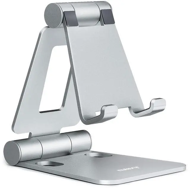 Main image of Dual Folding Cell Phone Stand, Fully Adjustable Foldable Desktop Phone Holder Cradle Dock Compatible with iPhone 17 16 15 14 13 12 11 Pro Max Xs Xr X 8, Nintendo Switch, All Phones - Silver