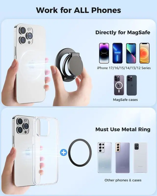 Alt view image 5 of 7 - Magnetic Ring Holder for MagSafe Dual-Side Magnetics, Removable Gym Phone Grip with Kickstand for iPhone 17/16/15/14/13/12/ Series MagSafe Case All Phones Compatible with Magnetic Car Mount