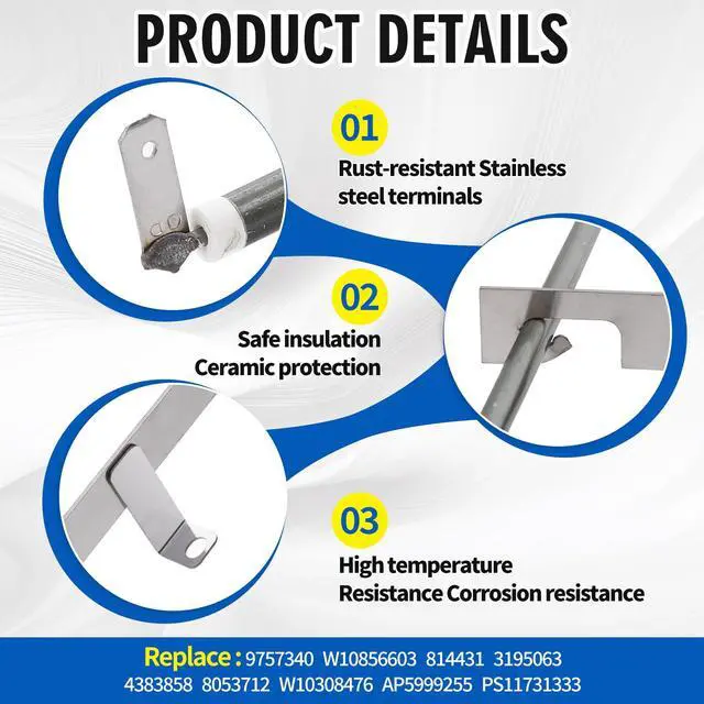 Alt view image 3 of 7 - W10856603 9757340 Electric Oven Broil Element Compatible with Whirlpool 4KWFC120MAW0GR395LXGB0 RF111PXSQ1, W10308476 Oven Heating Element 240V 3400W Replace CH7340 814431 3195063 AP5999255