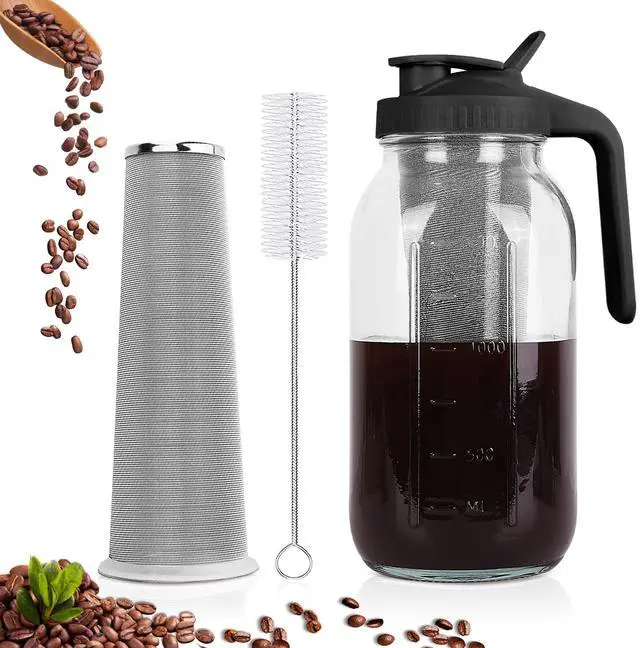Main image of Cold Brew Coffee Maker,64 oz Mason Jar Pitcher with Stainless Steel Filter, Pour Spout Handle Lid, Heavy Duty Glass Airtight & Leak-Proof for Iced Coffee,Tea & Lemonade