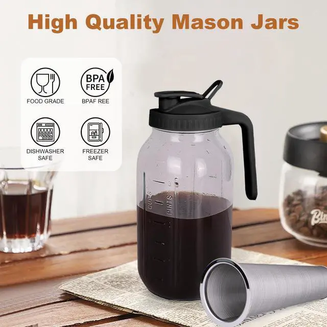 Alt view image 2 of 7 - Cold Brew Coffee Maker,64 oz Mason Jar Pitcher with Stainless Steel Filter, Pour Spout Handle Lid, Heavy Duty Glass Airtight & Leak-Proof for Iced Coffee,Tea & Lemonade