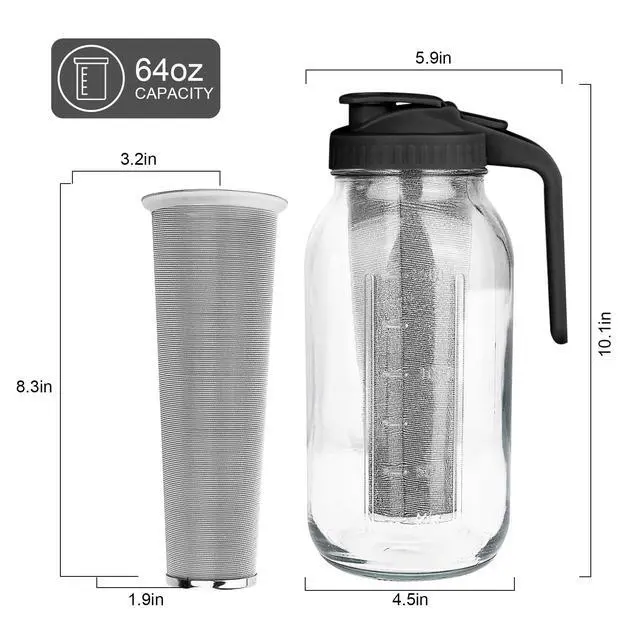 Alt view image 7 of 7 - Cold Brew Coffee Maker,64 oz Mason Jar Pitcher with Stainless Steel Filter, Pour Spout Handle Lid, Heavy Duty Glass Airtight & Leak-Proof for Iced Coffee,Tea & Lemonade