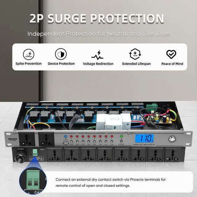 Alt view image 3 of 7 - Rack Mount Power Conditioner 20A Sequencer for Audio Equipment, 10 Outlets 2000W Power Supply with 8 Independent Controls, Surge Protector, Voltage Display, External Switch