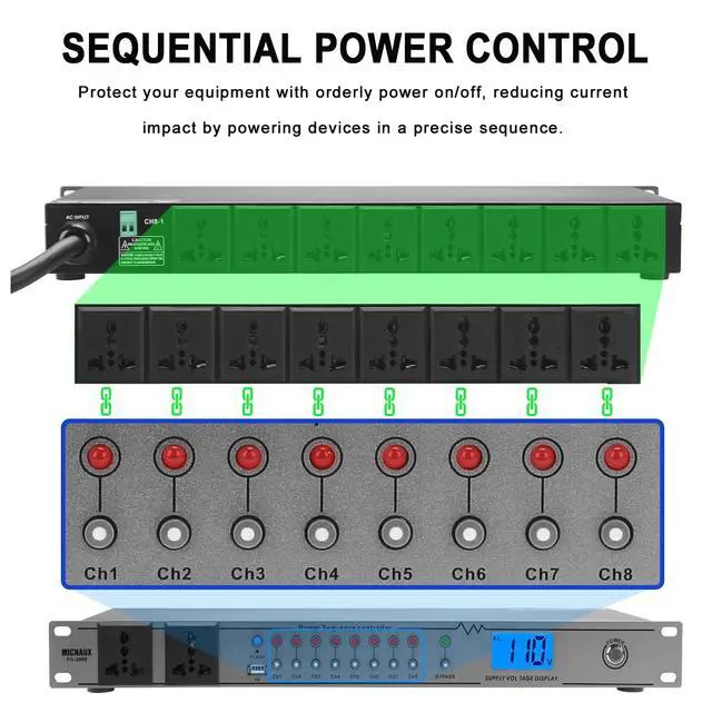 Alt view image 4 of 7 - Rack Mount Power Conditioner 20A Sequencer for Audio Equipment, 10 Outlets 2000W Power Supply with 8 Independent Controls, Surge Protector, Voltage Display, External Switch