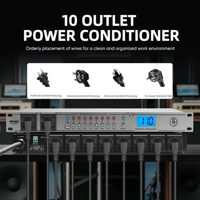 Alt view image 6 of 7 - Rack Mount Power Conditioner 20A Sequencer for Audio Equipment, 10 Outlets 2000W Power Supply with 8 Independent Controls, Surge Protector, Voltage Display, External Switch