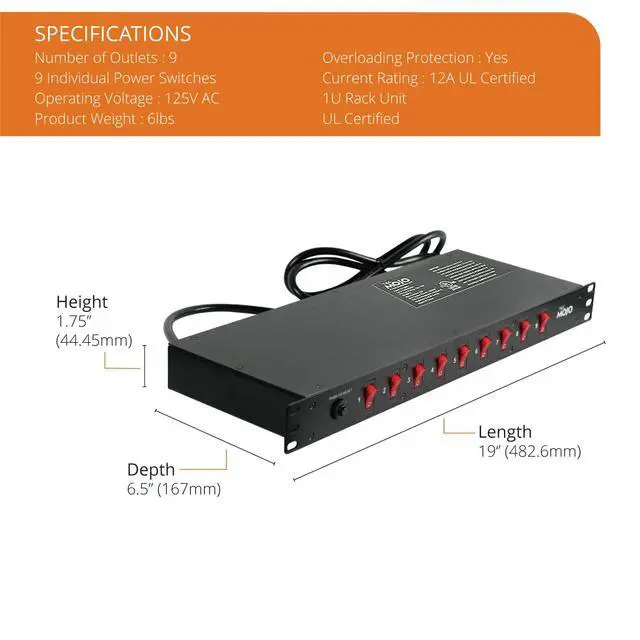 Alt view image 2 of 6 - 9-Outlet Rack Mount Overloading Protection Circuit Breaker PDU Power Strip with Individual Switch 6ft Cord for IT and Network Racks and Cabinets
