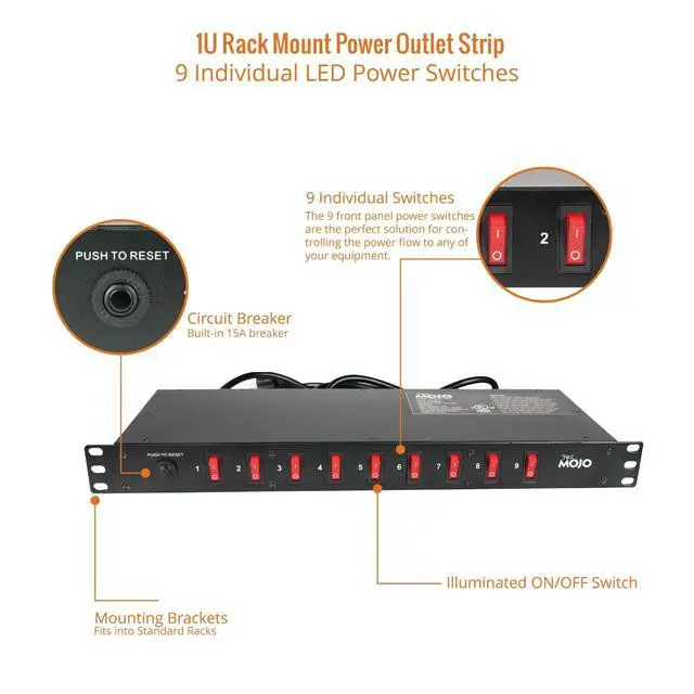 Alt view image 4 of 6 - 9-Outlet Rack Mount Overloading Protection Circuit Breaker PDU Power Strip with Individual Switch 6ft Cord for IT and Network Racks and Cabinets