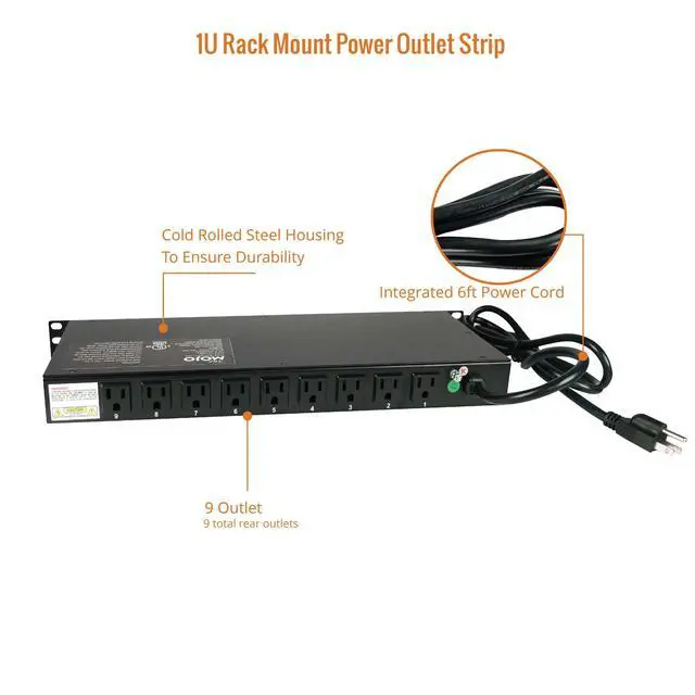 Alt view image 5 of 6 - 9-Outlet Rack Mount Overloading Protection Circuit Breaker PDU Power Strip with Individual Switch 6ft Cord for IT and Network Racks and Cabinets