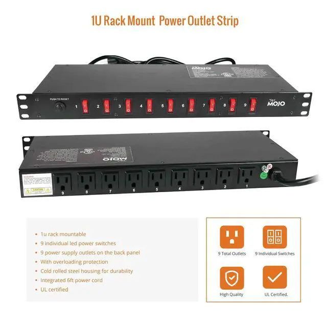 Alt view image 6 of 6 - 9-Outlet Rack Mount Overloading Protection Circuit Breaker PDU Power Strip with Individual Switch 6ft Cord for IT and Network Racks and Cabinets