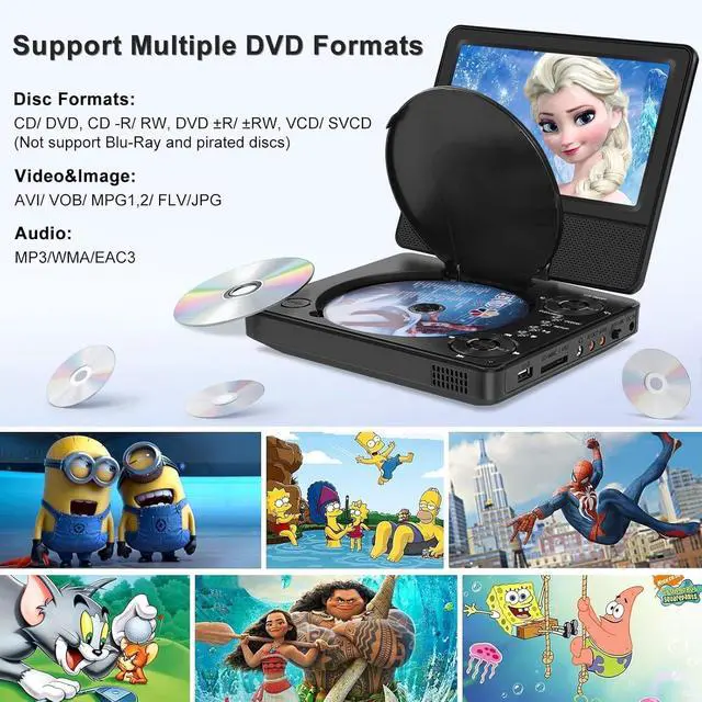 Alt view image 2 of 7 - 9.5" Portable DVD Player for Kids and Car, 7.5" Swivel Screen with 4-6 Hours Built-in Battery, Car DVD Player with Dual Speakers, Support Sync Screen to TV, USB/SD/Multiple Disc Formats