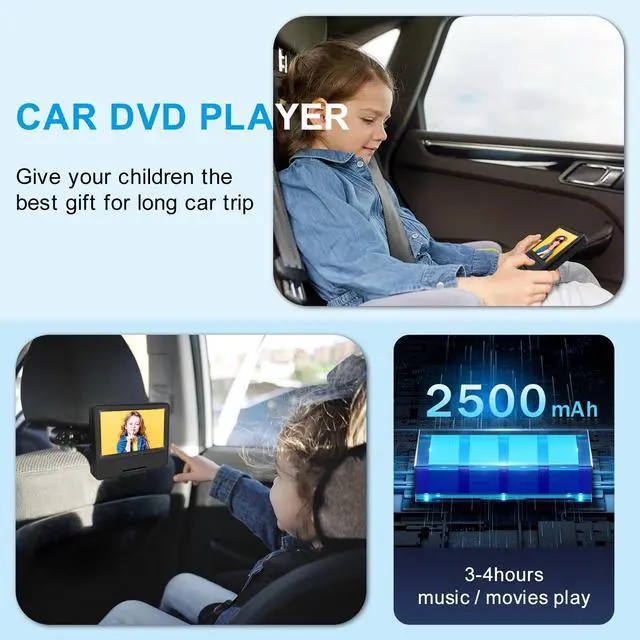Alt view image 3 of 7 - 9.5" Portable DVD Player for Kids and Car, 7.5" Swivel Screen with 4-6 Hours Built-in Battery, Car DVD Player with Dual Speakers, Support Sync Screen to TV, USB/SD/Multiple Disc Formats