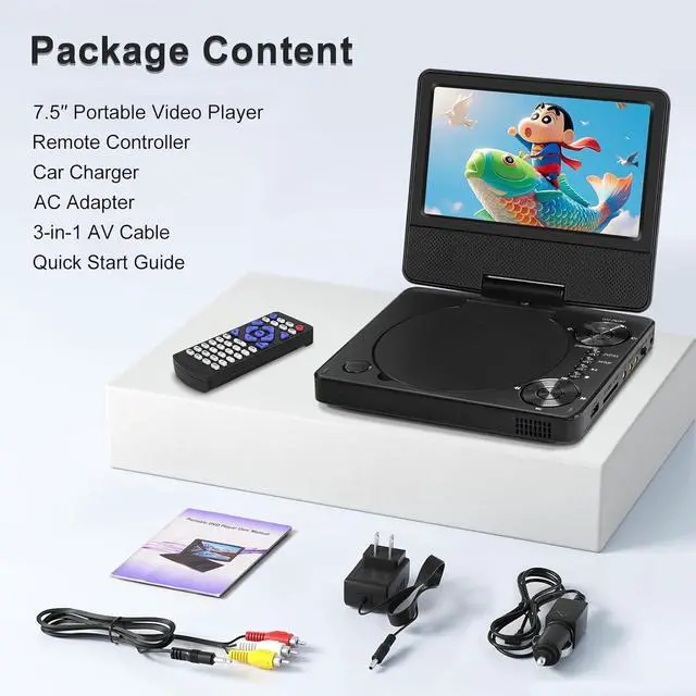 Alt view image 7 of 7 - 9.5" Portable DVD Player for Kids and Car, 7.5" Swivel Screen with 4-6 Hours Built-in Battery, Car DVD Player with Dual Speakers, Support Sync Screen to TV, USB/SD/Multiple Disc Formats