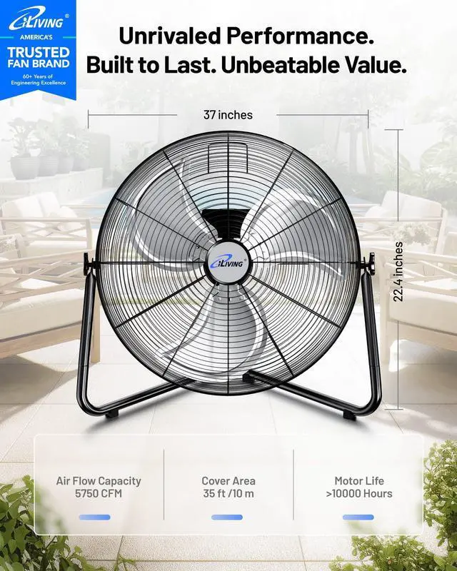 Alt view image 2 of 7 - 20 Inch Heavy Duty Floor & Wall Mount Fan - 5750 CFM High Velocity, 120-Watt, 3-Speed, Industrial Cooling for Garage, Workshop, Office, Home - UL Listed, Black