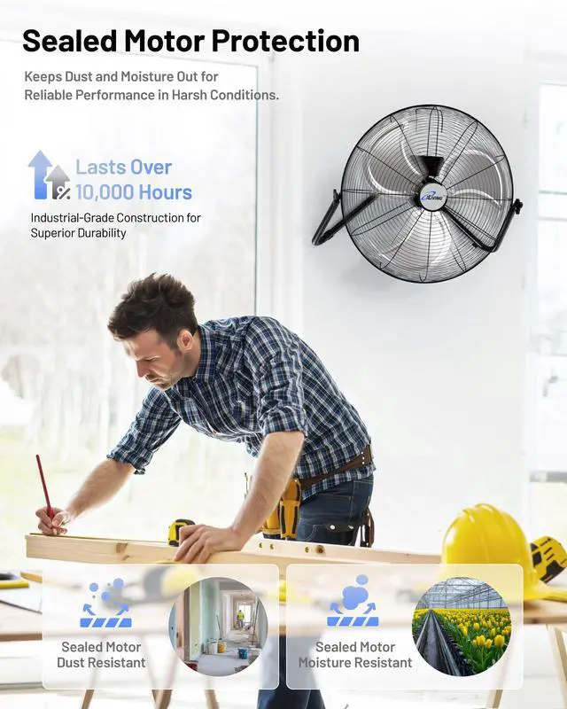 Alt view image 4 of 7 - 20 Inch Heavy Duty Floor & Wall Mount Fan - 5750 CFM High Velocity, 120-Watt, 3-Speed, Industrial Cooling for Garage, Workshop, Office, Home - UL Listed, Black