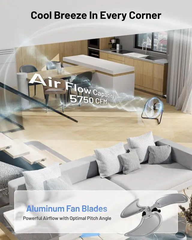 Alt view image 6 of 7 - 20 Inch Heavy Duty Floor & Wall Mount Fan - 5750 CFM High Velocity, 120-Watt, 3-Speed, Industrial Cooling for Garage, Workshop, Office, Home - UL Listed, Black