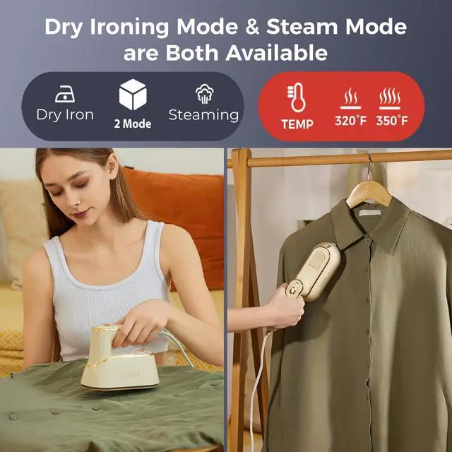 Alt view image 3 of 6 - Steamer for Clothes, Handheld 2-in-1 Garment Steam Iron, 25s Heat Up, Ceramic Soleplate, Dry Pressing & Steaming Fabric Wrinkle Remover for Clothing, Upholstery and All Fabrics
