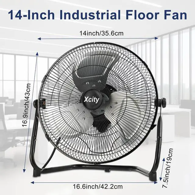 Alt view image 2 of 7 - 14 Inch Metal Industrial Floor Fans, Max 2100 CFM, Heavy Duty High Velocity Fan with 3-speed and 360°Adjustable Tilt, for Warehouse, Workshop, Factory, Garage