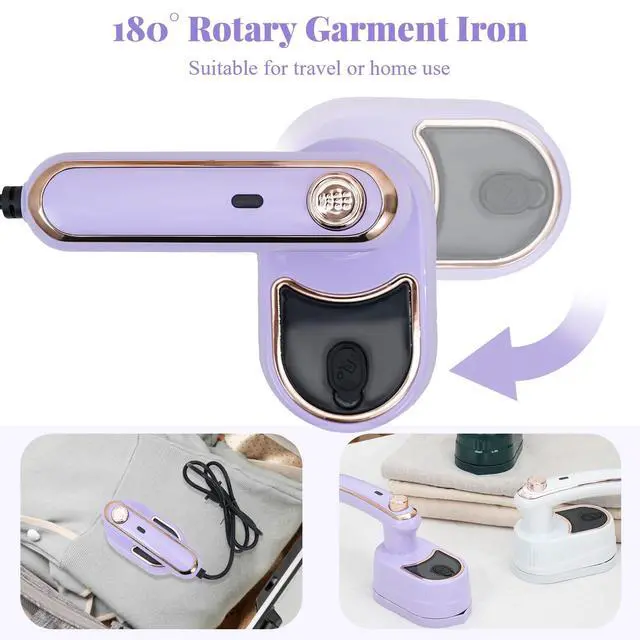 Alt view image 4 of 7 - Travel Steamer for Clothes, 180° Rotary Garment Iron, 2in1 Dry and Wet Steamers, Portable Handheld Garment Irons, Wrinkle Remover Steamer Iron with Tip, Mini Electric Irons for Travel Home (Purple)