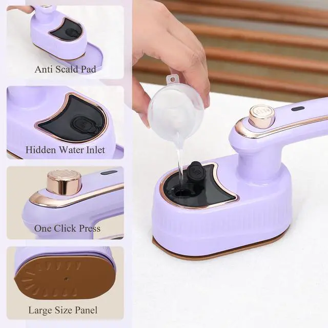 Alt view image 7 of 7 - Travel Steamer for Clothes, 180° Rotary Garment Iron, 2in1 Dry and Wet Steamers, Portable Handheld Garment Irons, Wrinkle Remover Steamer Iron with Tip, Mini Electric Irons for Travel Home (Purple)