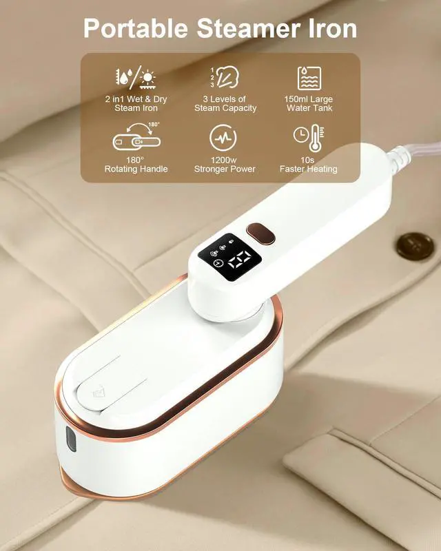 Alt view image 2 of 7 - Travel Steamer Iron for Clothes - 1200W Handheld Size Portable Travel Steamer, 3 Steam Levels Clothes Steamer with LCD Screen, 10S Fast Heat-up Steamer for Dress Shirt Home Travel (White)