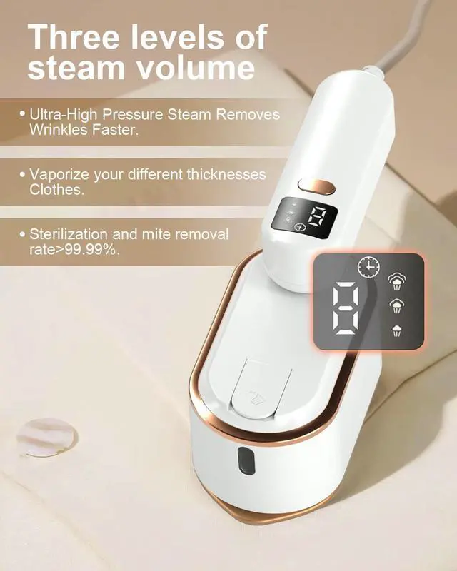 Alt view image 4 of 7 - Travel Steamer Iron for Clothes - 1200W Handheld Size Portable Travel Steamer, 3 Steam Levels Clothes Steamer with LCD Screen, 10S Fast Heat-up Steamer for Dress Shirt Home Travel (White)