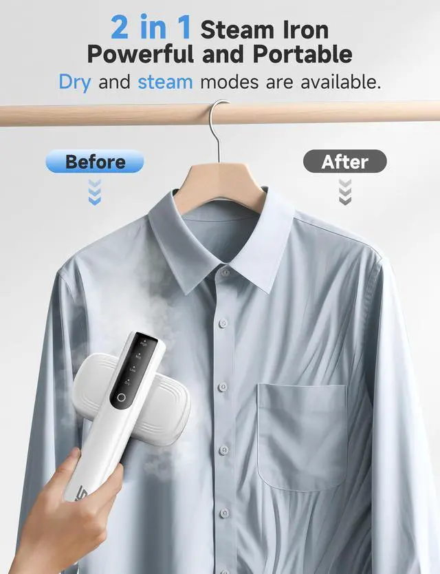 Alt view image 2 of 7 - Steamer for Clothes, 2-in-1 Travel Steamer & Iron for Clothes, Portable Handheld Garment Steamer, 15s Fast Heat-up, 1200W, Large Ceramic Heat Panel, Quick Wrinkle Removal, Travel & Home Use