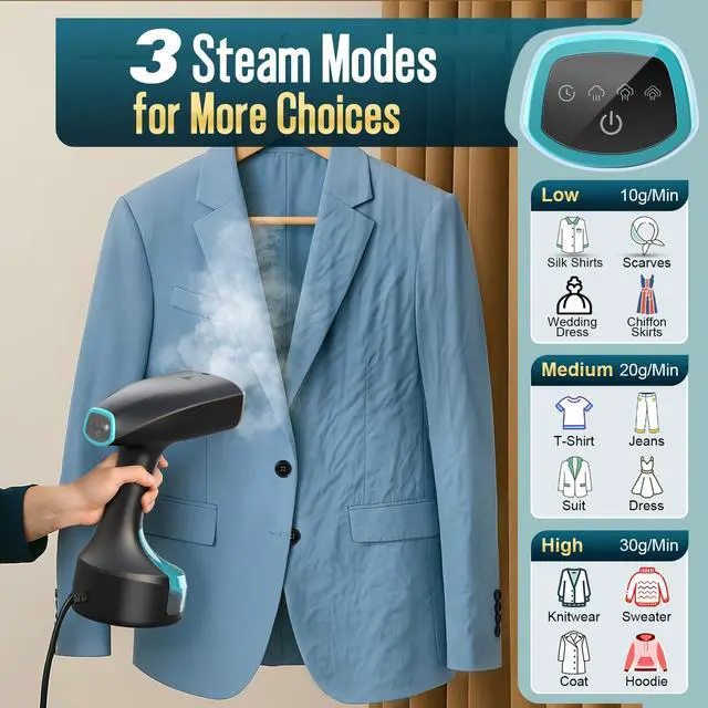 Alt view image 3 of 7 - Steamer for Clothes, 1900W Strong Penetrating Steam Portable Handheld Garment Steamer Clothes Steamer with 3 Steam Settings, Fabric Brush, 300ml Big Capacity, Travel Steamers Iron Safe Removes Wrinkle